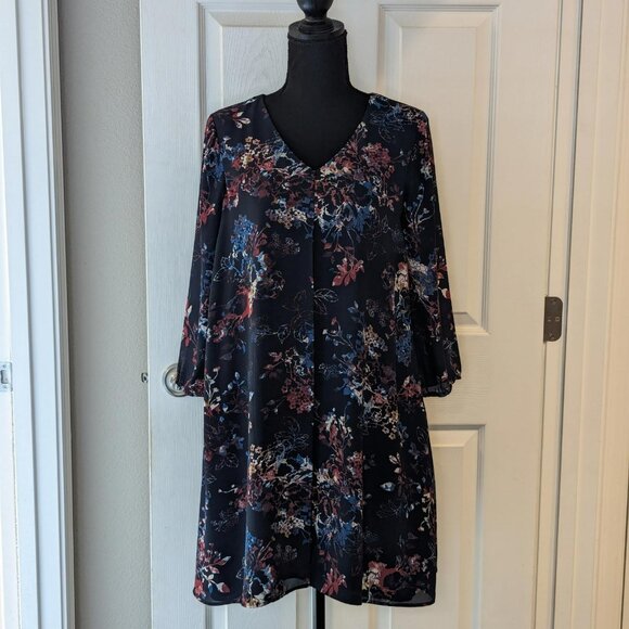 DR2 Navy Blue‎ Casual Floral Popover V-Neck 3/4 Sleeve Dress - Picture 1 of 7